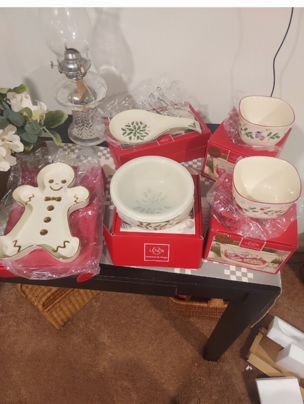 Lenox White Ceramic Holiday Serving Set with Green and Red Accents